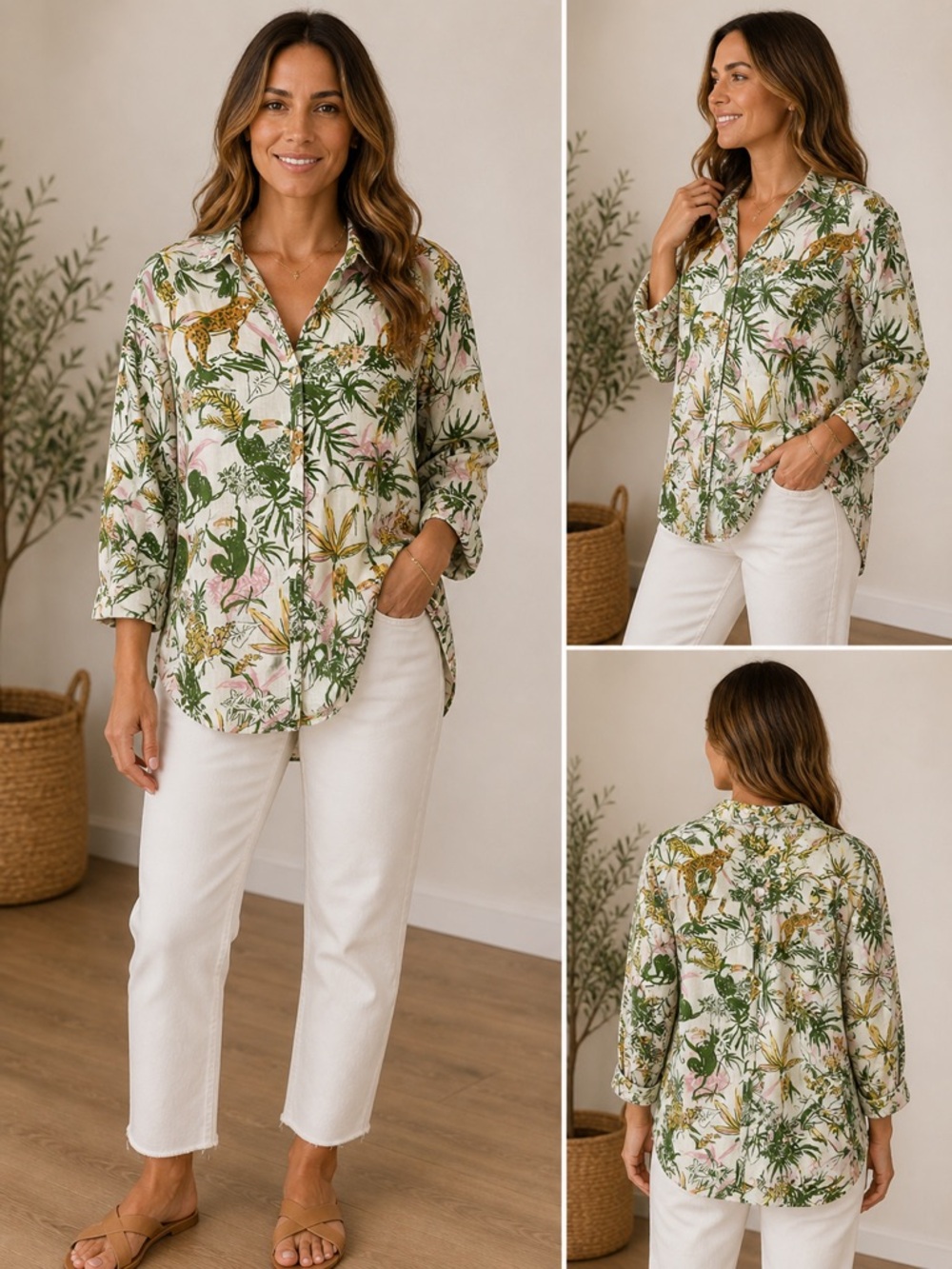 Rachel Zoe Floral Jungle Print Button-Down Shirt - Green & Cream